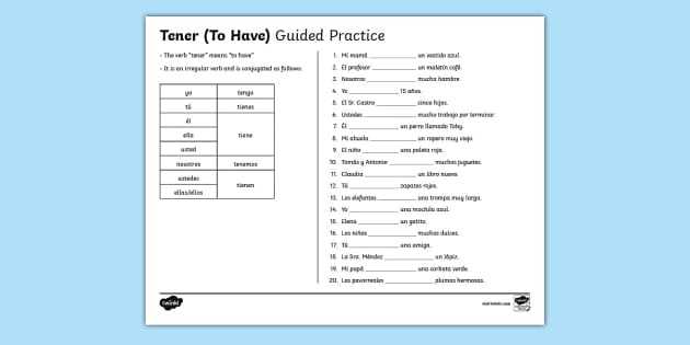 Worksheet illustrating the Spanish verb tener and its usage in age and emotions for fourth graders