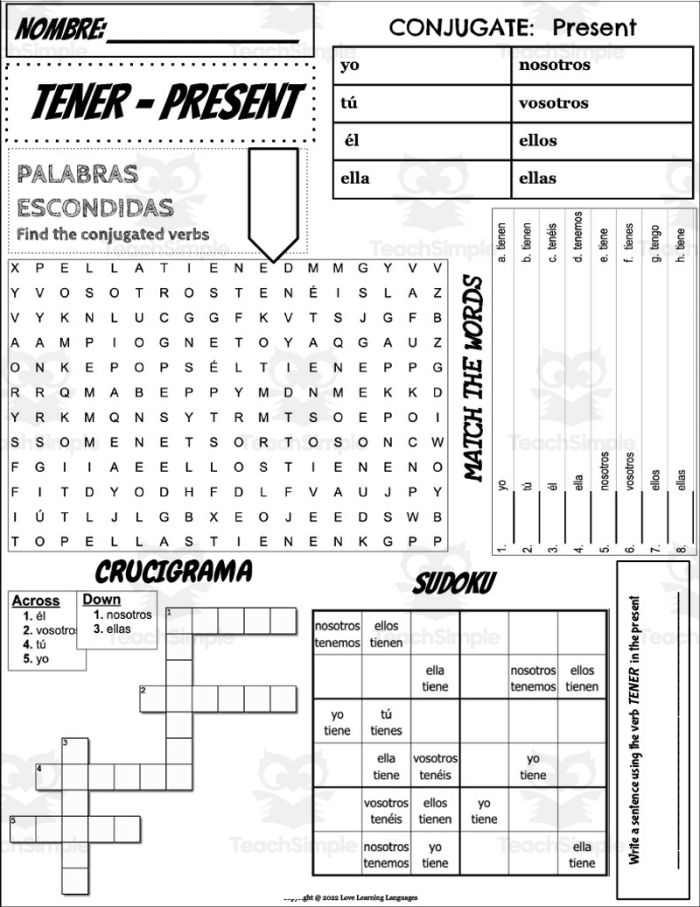 Worksheet for learning the Spanish verb tener, illustrating its use in age and emotions.