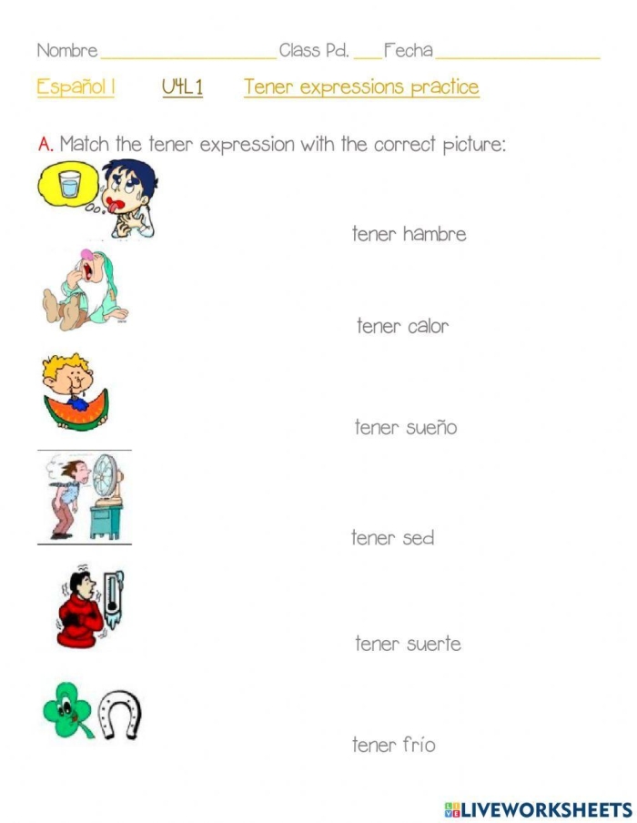 Spanish Verb Tener worksheet for fourth graders focusing on age and emotions
