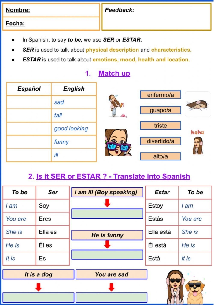 Spanish Verb Tener worksheet for fourth-grade students exploring age and emotions