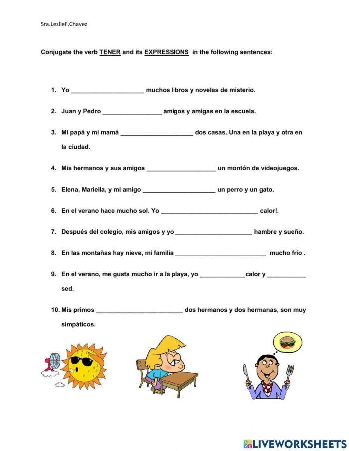 Spanish Verb Tener worksheet for fourth graders explaining usage in age and emotions