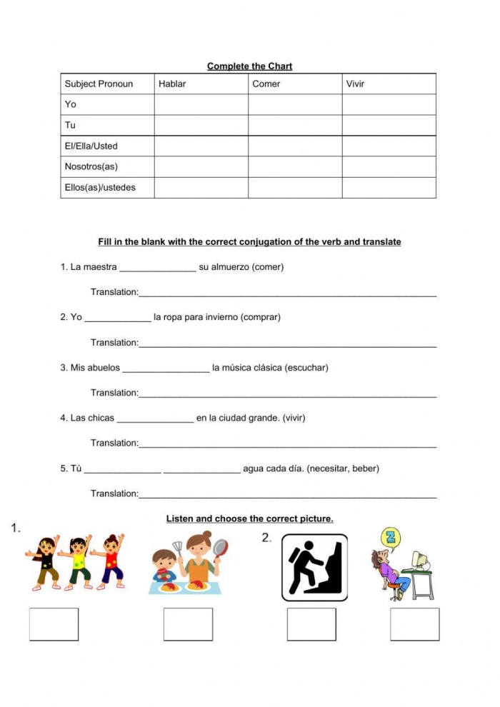 Fourth grade Spanish verbs worksheet featuring action words for beginners