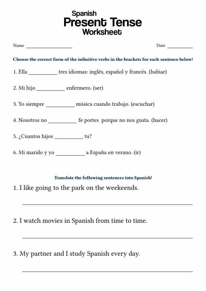 Spanish verbs worksheet for fourth graders to enhance vocabulary skills
