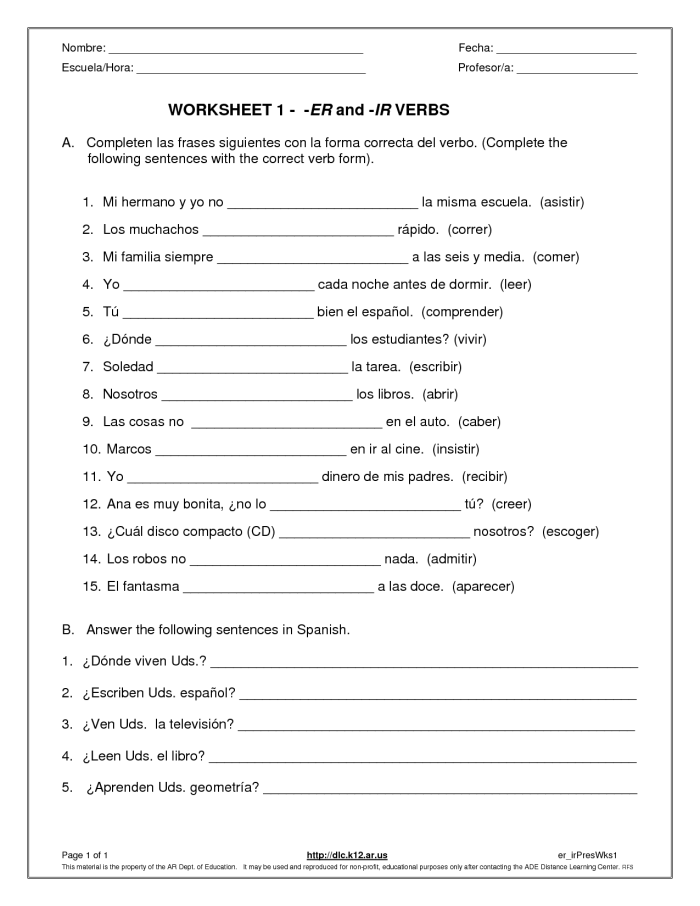 Spanish verbs worksheet designed for fourth graders to enhance their vocabulary skills