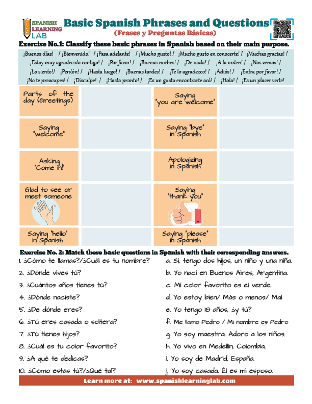 Basic Spanish Phrases worksheet for Second Grade