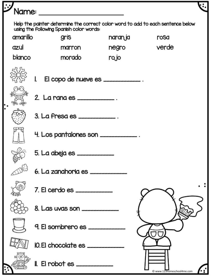 Fourth grade Spanish Word Fiesta subtraction worksheet with a helpful mini dictionary for students