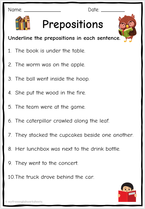 First grade preposition sentence examples worksheet with multiple choice fill-in-the-blank questions for learning spatial and directional words