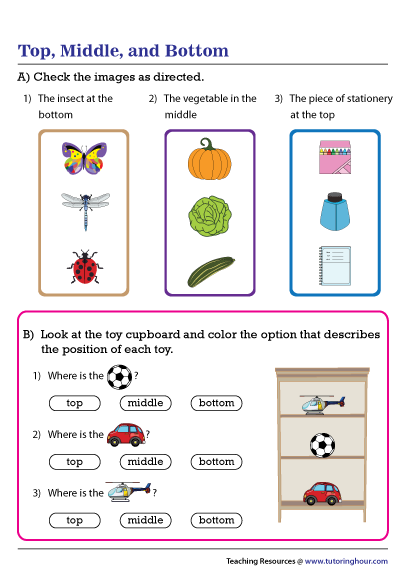 First grade geometry worksheet teaching top and bottom spatial locations through colorful illustrations