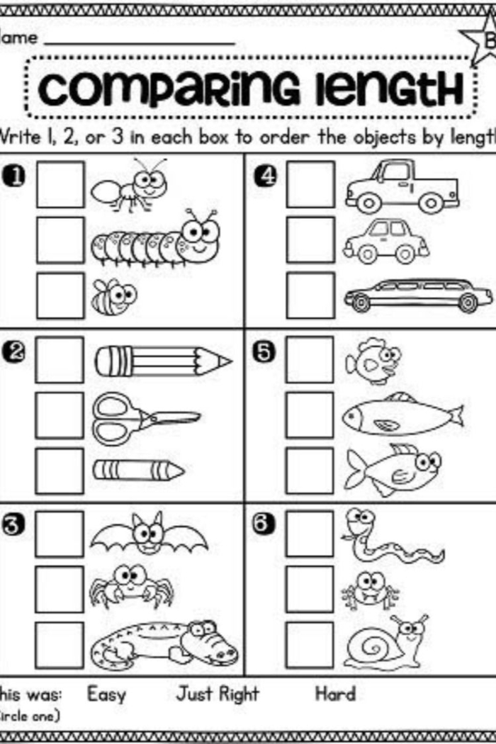 Pre-K worksheet asking students to identify which object is bigger to practice spatial reasoning