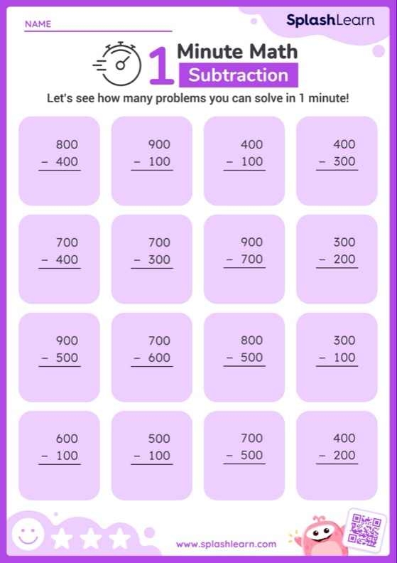 2-Minute Subtraction Practice Sheet 12 for Elementary Math Fluency Training Third grade timed subtraction drill worksheet with two-minute math problems for building computational speed and accuracy