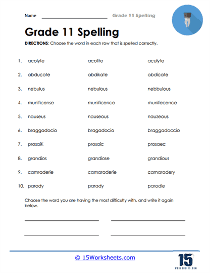 Worksheet featuring spelling exercises for fourth graders focusing on irregular words and homophones