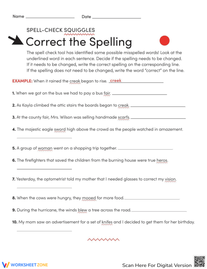 Fifth image of a Spell-Check Squiggles worksheet for fourth graders focusing on spelling corrections. Educational resource for geography students to practice irregular words and homophones.