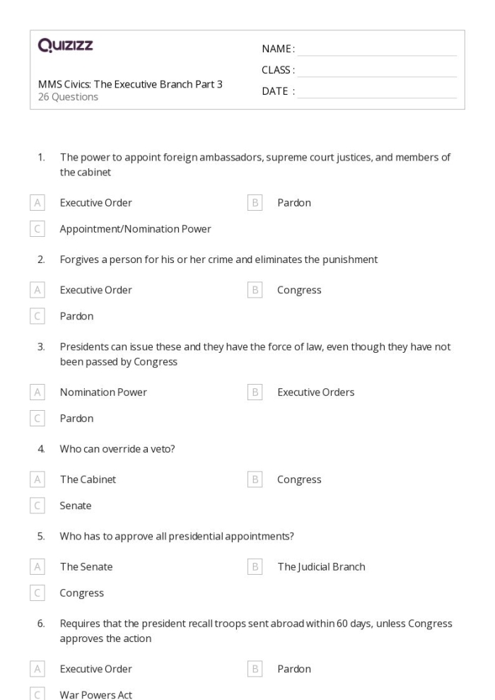 Executive Branch vocabulary spelling practice worksheet for fourth grade students Spelling worksheet for fourth graders focusing on vocabulary associated with the executive branch of the U.S. government