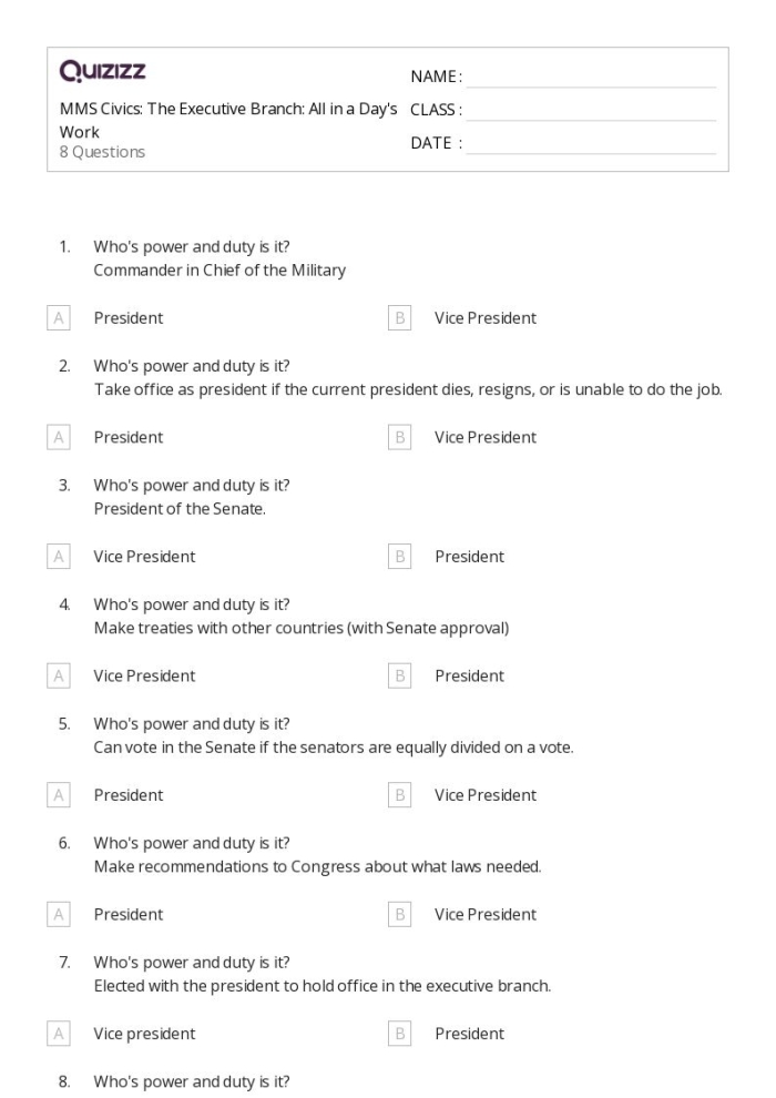 Executive Branch Spelling Worksheet for Kids - Image 20 Spelling worksheet for fourth graders focusing on vocabulary related to the executive branch of the U.S. government