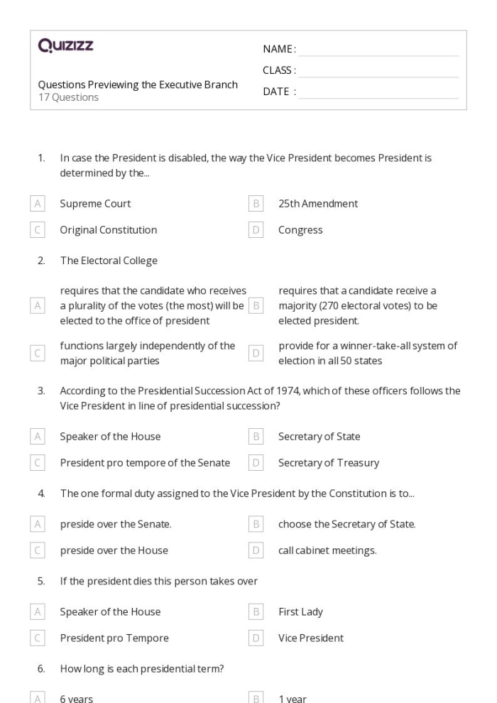 Executive Branch Spelling Activity for Kids - Worksheet Image 6 Spelling worksheet for fourth graders focusing on vocabulary from the executive branch of the U.S. government