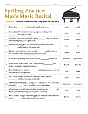 Sixth grade music themed spelling practice worksheet featuring Max for lesson fifteen