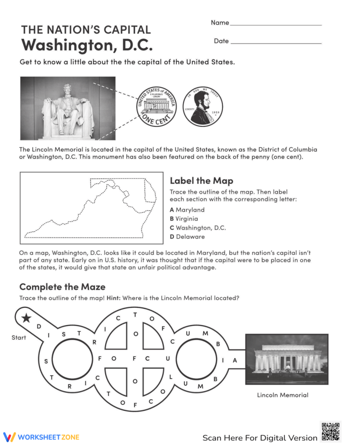 Spelling practice worksheet featuring Washington, D.C. for sixth graders