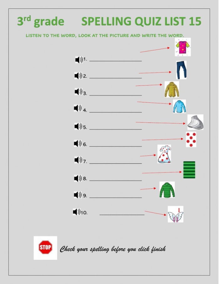 Engaging spelling activity to help young learners complete words correctly Spelling Quiz worksheet for first graders focused on geometry concepts