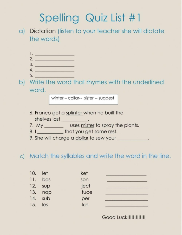 First grade spelling quiz worksheet featuring fill-in-the-blank activities Spelling quiz worksheet for first graders focusing on geometry vocabulary