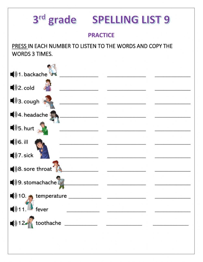 Sixth grade students practicing spelling words on a worksheet about Max’s music recital