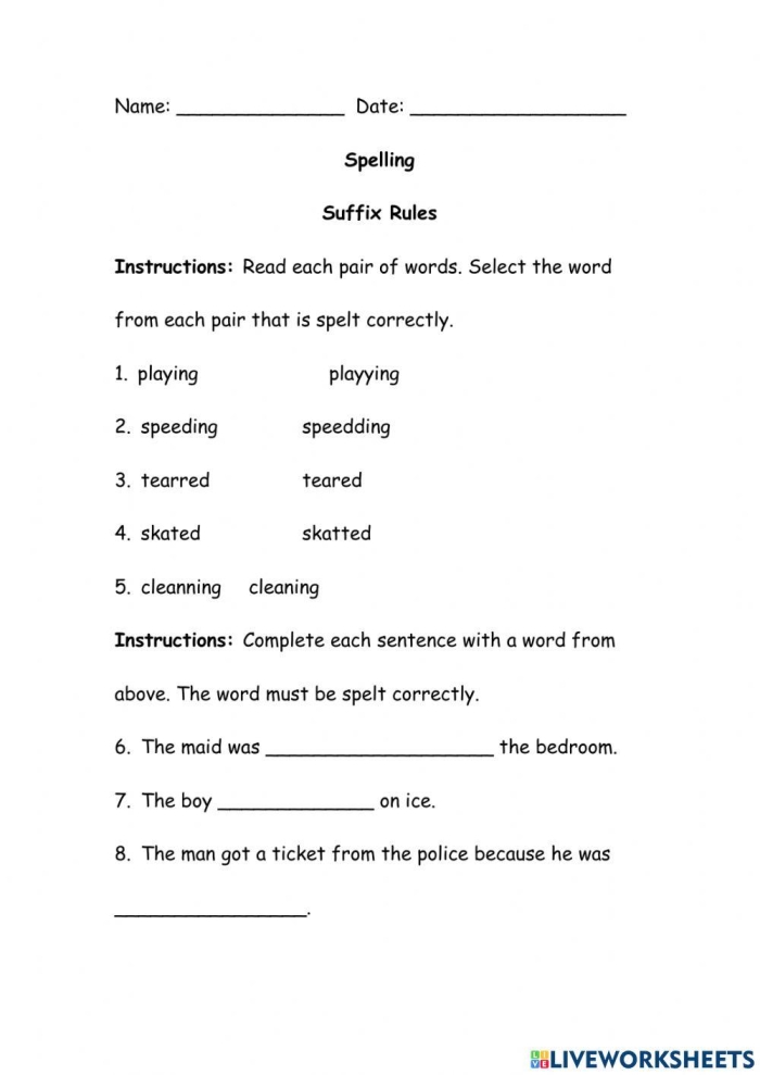 Spelling Rules for Suffixes worksheet for third grade students Worksheet for practicing spelling rules related to suffixes for third graders