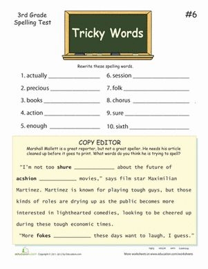 Spelling Tricky Words worksheet for third graders focusing on irregularly spelled words