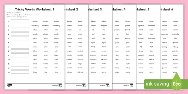 Spelling Tricky Words worksheet for third graders focusing on irregular word practice