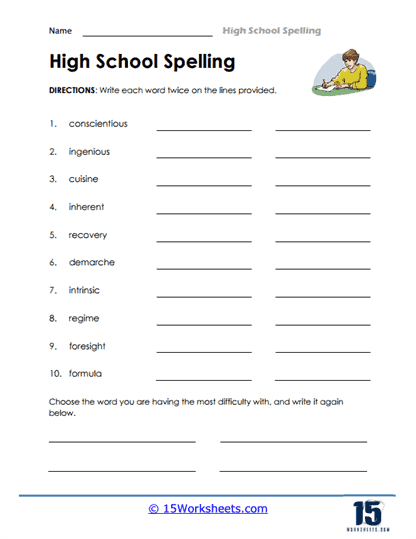 Third grade student completing a writing exercise with tricky spelling words on a phonics worksheet