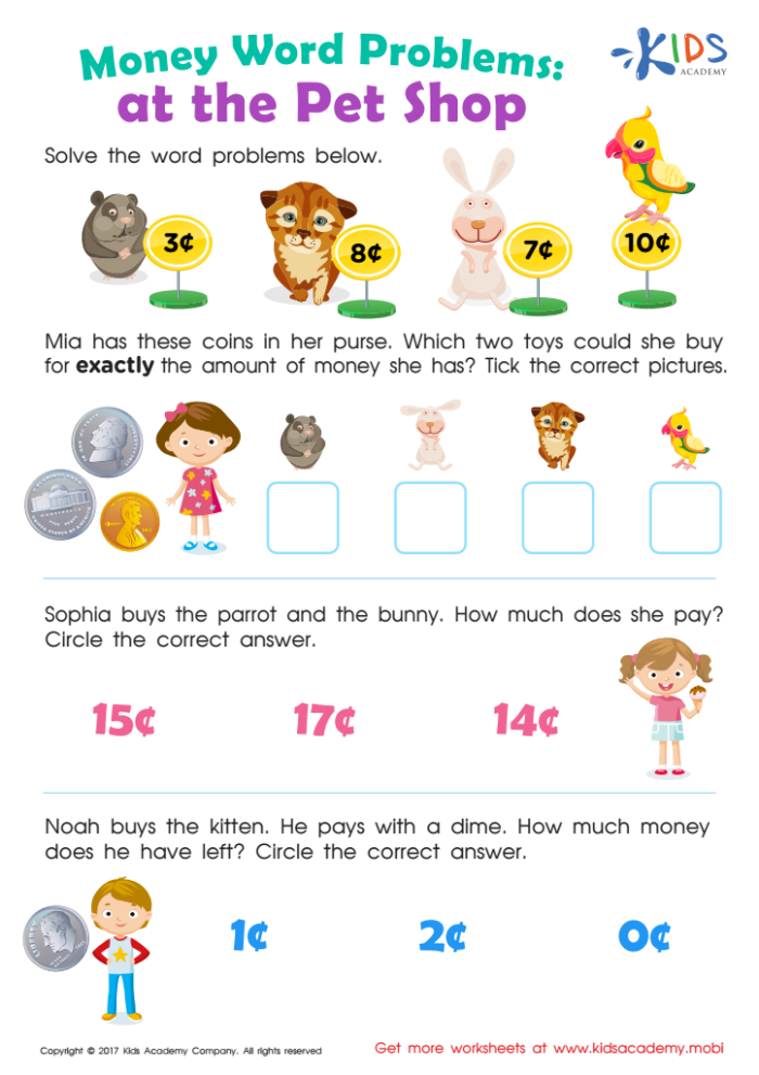Second grade math worksheet featuring spending money word problems for kids