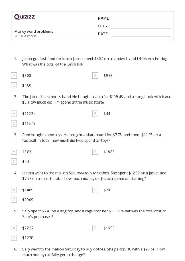 Worksheet featuring spending money word problems for second graders