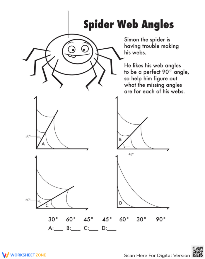 Engaging Halloween geometry activity for students to practice angle formation Spider Web Angles worksheet featuring Simon the Spider creating 90-degree angles