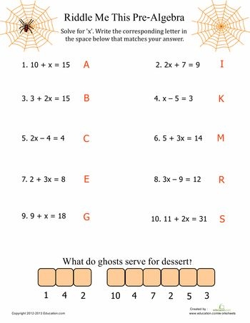 Algebra for Beginners worksheet featuring a spooky witch theme for engaging math practice