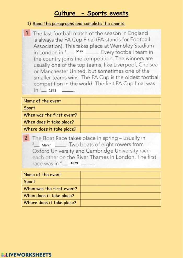 Third grade math worksheet featuring sporting events and elapsed time word problems