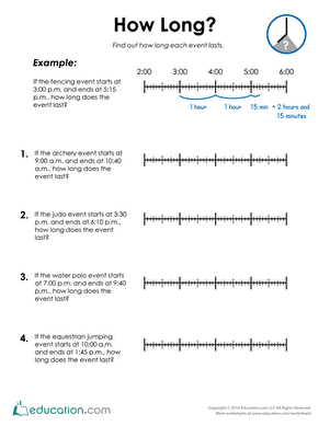 Third grade math worksheet featuring elapsed time problems themed around various sporting events