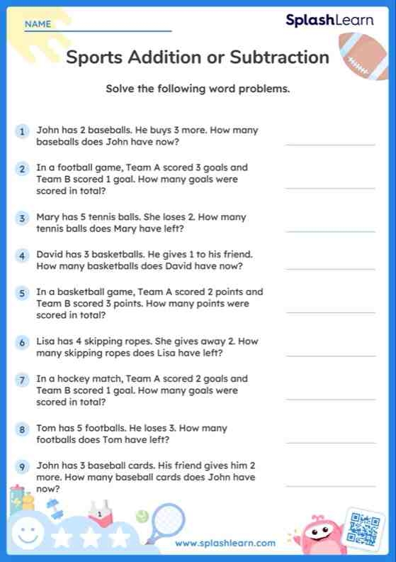 Math practice worksheet on addition and subtraction in sports contexts for young learners Worksheet featuring sports-themed addition and subtraction problems for third graders