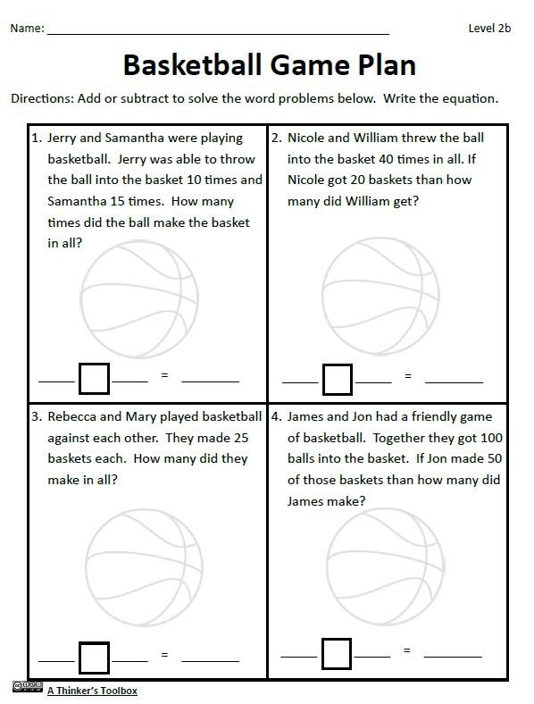 Word Problems in Sports: Addition & Subtraction Worksheet for Handwriting Practice Worksheet featuring sports-themed addition and subtraction problems for third graders