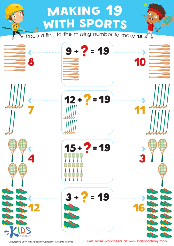 Sports Math worksheet for Kindergarten focusing on addition from 0 to 10. Engaging worksheet designed to make learning numbers fun for young learners.