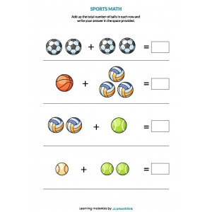 Sports Math worksheet for kindergarten featuring addition exercises with numbers 0 to 10