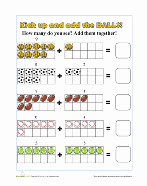 Sports Math worksheet designed for kindergarten students to practice addition from 0 to 10