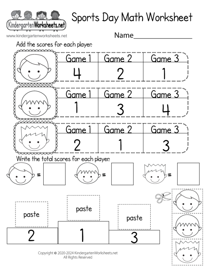 Colorful sports-themed math worksheet for kindergarteners to practice addition with numbers 0 to 10. Engaging addition activity sheet for young learners featuring fun sports illustrations.