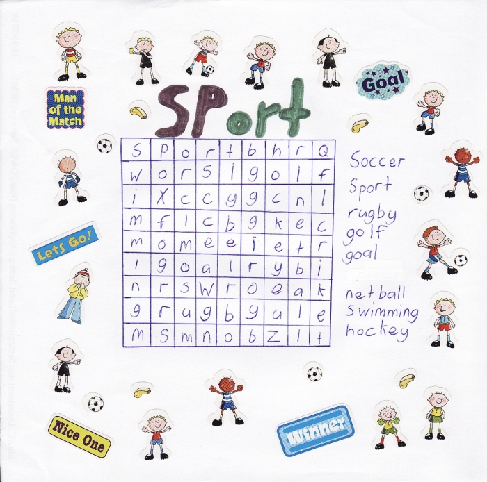 Printable sports word search puzzle for second grade students Second grade student solving a sports themed word search worksheet