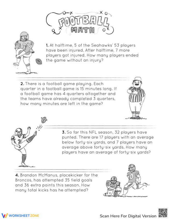 Sports math word problems worksheet for fourth graders featuring various sports scenarios