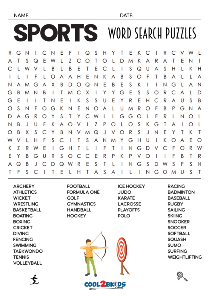 Sports Word Search Activity Worksheet 10 for Second Grade Students Second grade students finding sports words in a printable puzzle for worksheet number 10