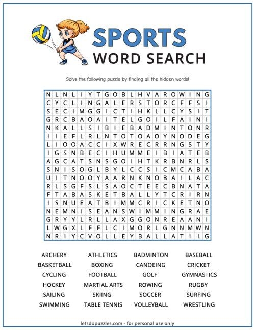 Engaging word search puzzle featuring various sports terms for kids Sports Word Search worksheet designed for second graders to enhance vocabulary