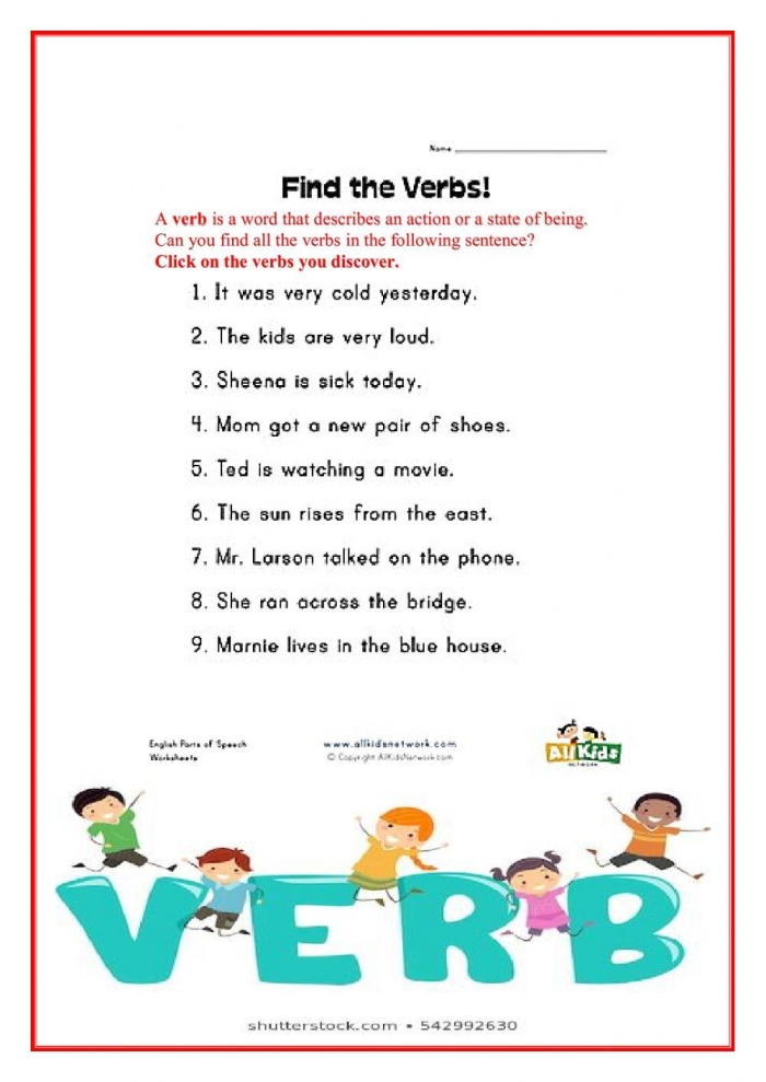 Worksheet designed to help first graders identify verbs in sentences