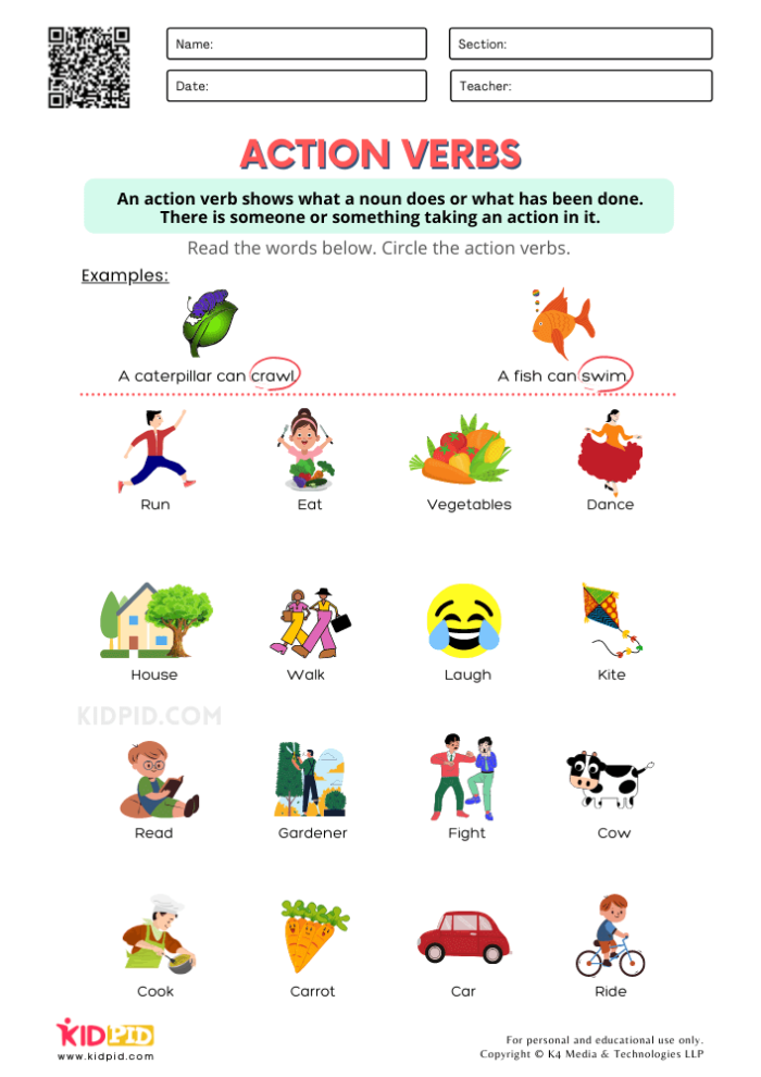 Colorful Spot the Verbs worksheet designed for first graders to practice verb identification. Engaging grammar activity for young learners focusing on verbs.