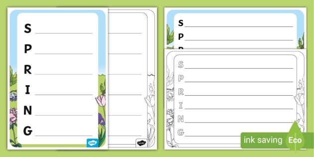 First grade student writing a creative spring themed acrostic poem on a worksheet