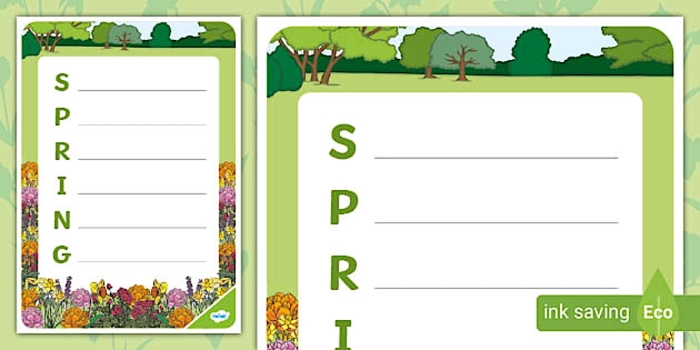 First grade students writing spring acrostic poems with the word spring on a seasonal poetry worksheet