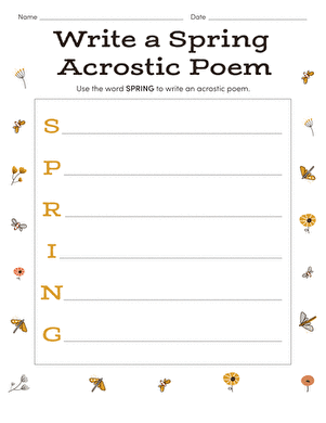 First grade student writing a spring acrostic poem with the word SPRING on a worksheet