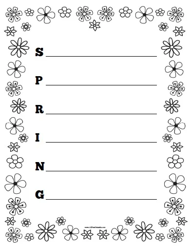 First grade students writing spring acrostic poems with the word spring on a colorful seasonal worksheet